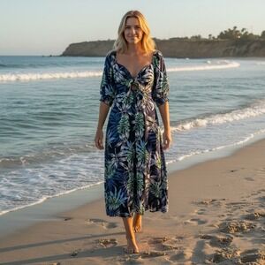 Roxy Evening Delight Maxi Dress Blue Tropical Floral Tie Front Boho S Resortwear